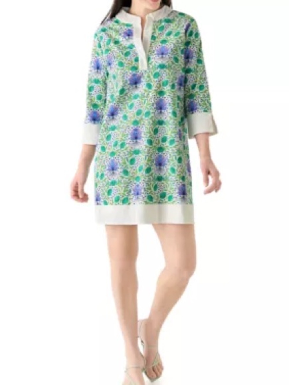 Green & Blue Floral Mini Dress with White Trim